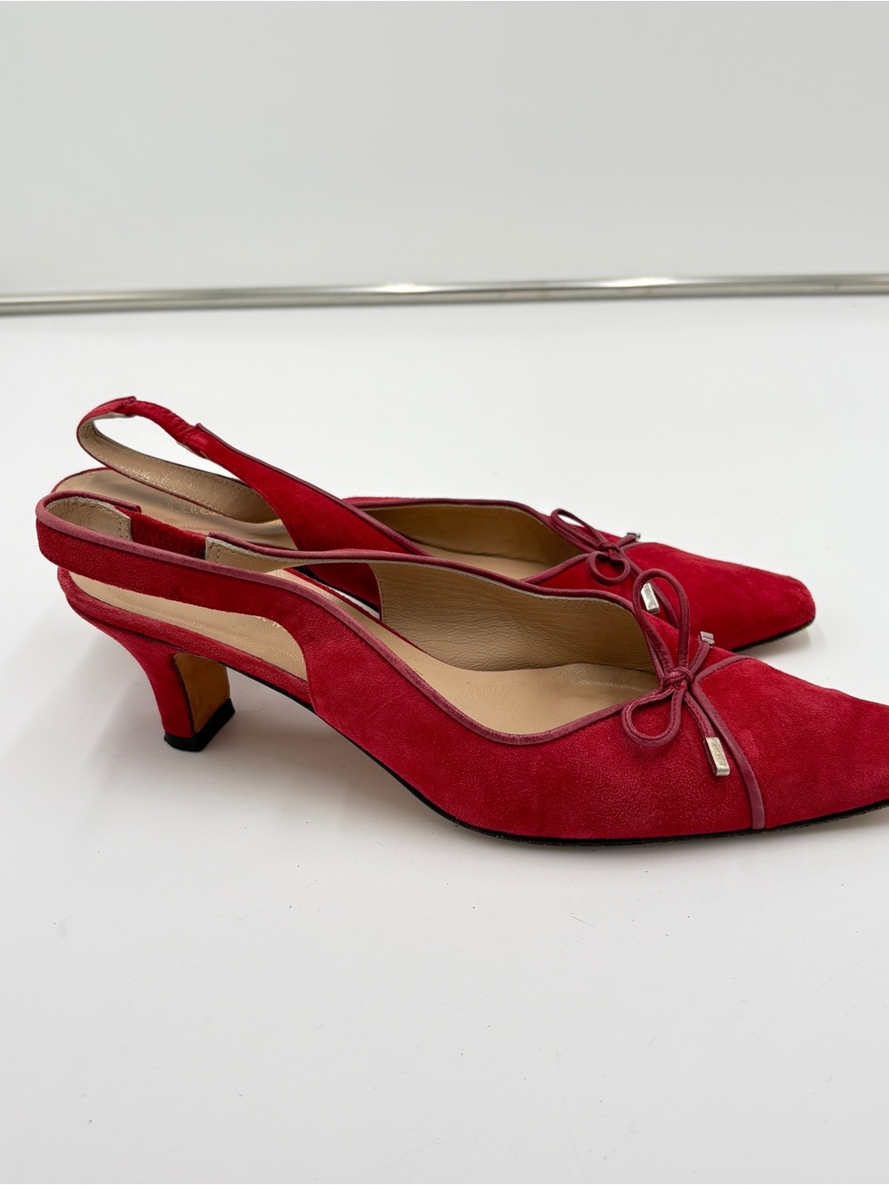 Vintage Y2K Amalfi Italy Red Suede Slingback Kitten Heels Bow Pointed Toe 6.5